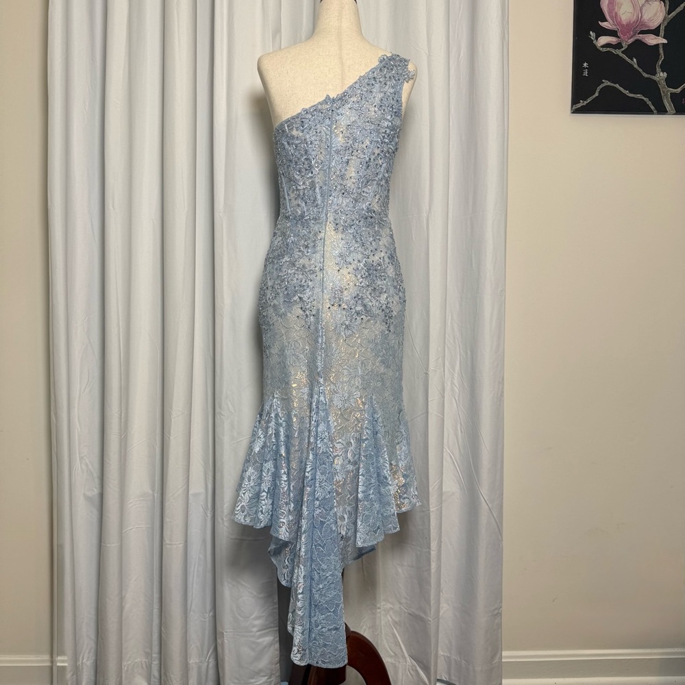Mac Duggal One Shoulder Lace Beaded Dress Blue Corset Formal Prom Size 4 - Picture 5 of 16